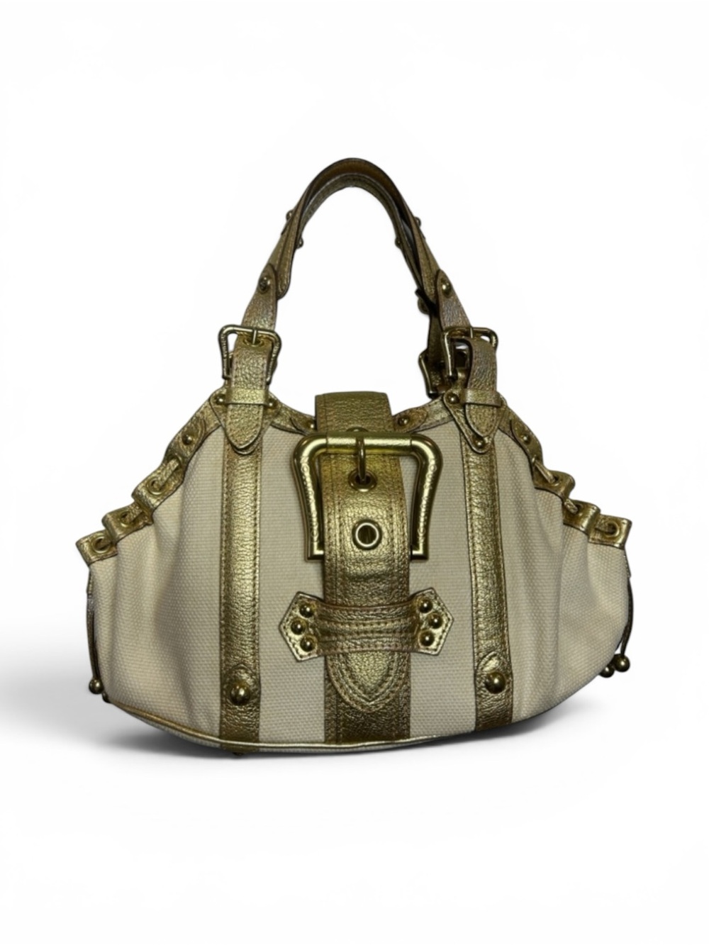 2004 Vintage Louis Vuitton Theda Ivory Canvas Bag Metallic Gold Buckle & Trim
